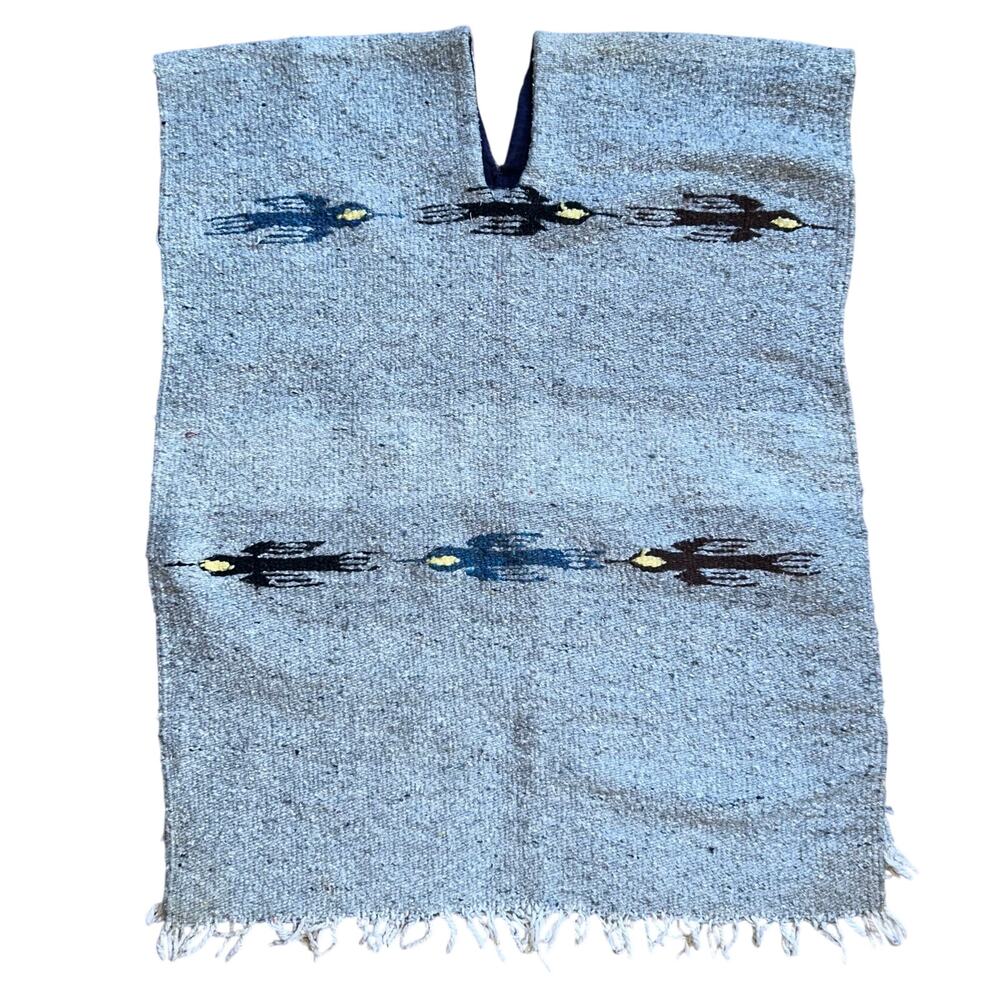 Authentic vintage Mexican Poncho Western Style Handwoven boho wool birds small